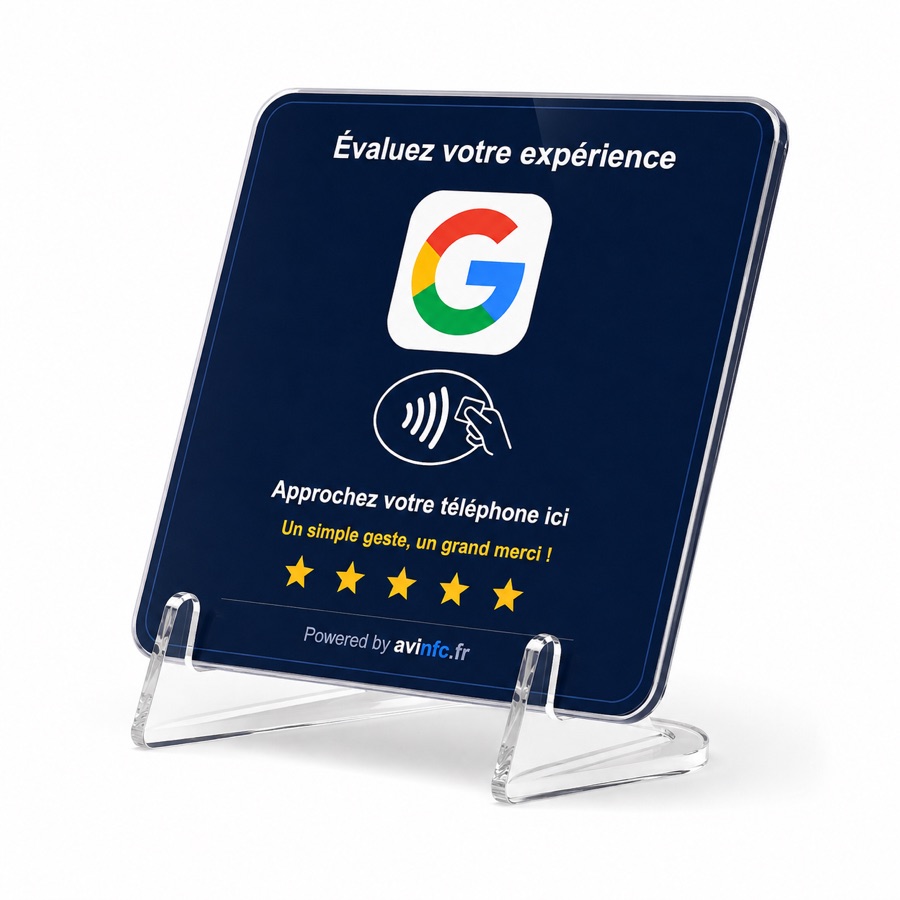 Plaque Avis NFC posée sur son support de comptoir transparent
